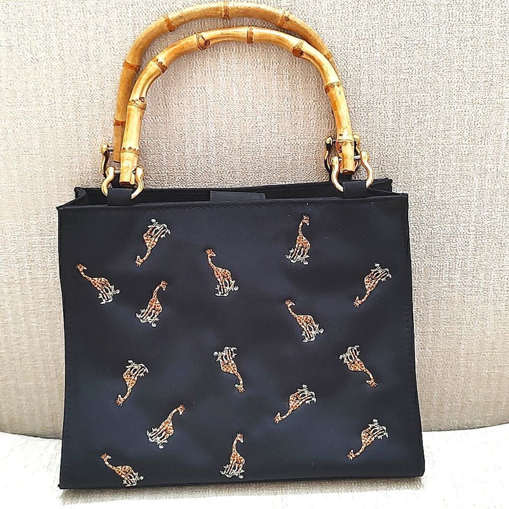 Prezzo Embroidered Giraffe Black Mini Tote Bag with Bamboo Handles